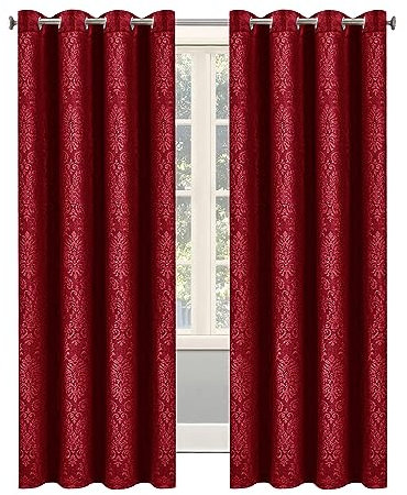 OpulentDreams Embossed Woven Thermal Curtains - Room Darkening Ring-Top Curtains for Bedroom & Living Room - Includes Tie Backs - Pair of Panels (90 x 90 (228 x 228 cm), Red - Eyelet)