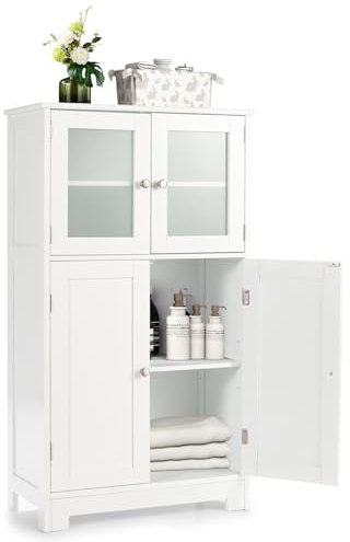 LIFEZEAL Mueble de Baño, Armario de Suelo con Estante Ajustable, Armario con Doble Puerta de Cristal, Mueble de Almacenaje de Madera para Cocina, 30x60x109 cm (Blanco)