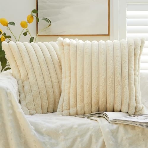 YEPINS 2er Set Plüsch Kissenbezüge, Flauschig Künstlich Pelz Dekorativ Gestreift Kissenbezug, Sofa Dekokissen Kissenhülle Zierkissenbezüge für Schlafzimmer Wohnzimmer Auto Dekor (40x40cm, Beige)