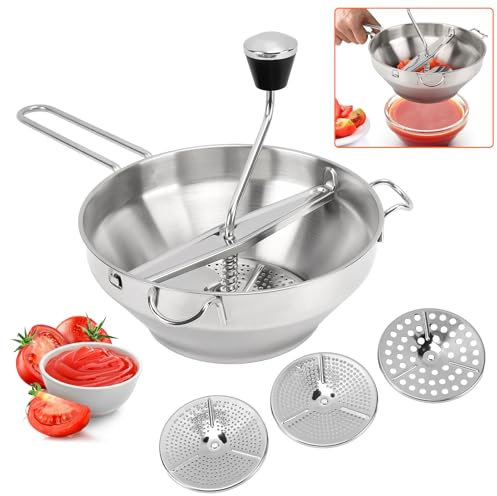 Manual Potato Mill Stainless Steel Food Mill for Mashing, Straining & Grating Fruits & Vegetables Kitchen Mill Potato Ricer with 3 Discs, Easy to &Function, Soft Ball