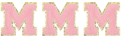 QUARKZMAN Chenille Buchstaben M Patch - Große Größe 80mm/3,15 Zoll Aufbügelbar - Goldener Glitzer Bestickt für Kleidung, Rucksäcke - Packung Mit 3 (Pink)