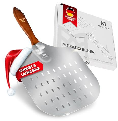 Multira Pizzaschieber Aluminium drehbar | Ergonomischer Holzgriff, perforierte Schaufel, abnehmbar & hitzebeständig, Tragkraft 5 kg, ideal für Steinofen & Grill