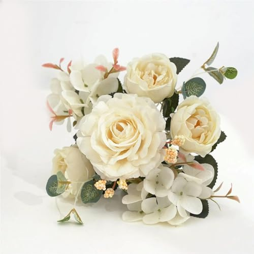 TVIVID Bouquet de pivoines artificielles bordeaux en soie - Bouquet de pivoines d'hortensia vintage - Bouquet de mariée - Décoration d'intérieur