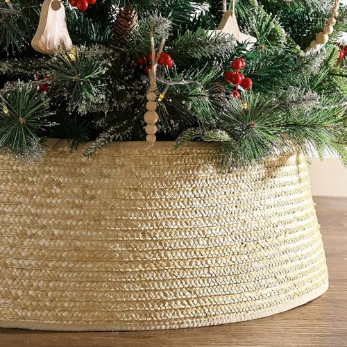 Bunny Chorus Christmas Tree Collar: Natural Hyacinth Handmade Woven Christmas Tree Collars, Farmhouse Wicker Tree Collar Xmas Tree Ring Boho Tree Skirt for Trees, Fall Winter Rustic Indoor Home Décor