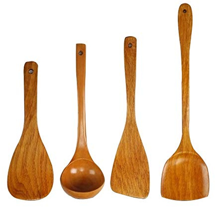 Küchenutensilien Set aus Holz, 4 teiliges Kochutensilien Set, Werkzeuge, kratzfest, hitzebeständig, Utensilien Sets inklusive Holzspatel, Kochlöffel für antihaftbeschichtete Pfannen