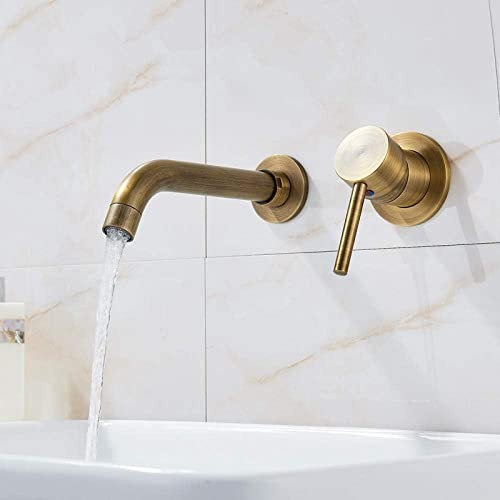 Basin Faucet Single Handle Wall Mounted Bathroom Vessel Sink Mixer Tap 2 Holes Washing Basin Crane Tap-Antique Brass