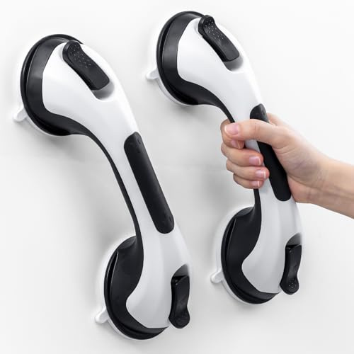 LEVERLOC Succion Poignée Ventouse Lot de 2, 31 CM Douche Barre d'appui pour Baignoire, 110 KG Poignées de Sécurité pour Salle De Bain, Seniors, Personnes Âgées, Barre de Maintien Amovible, Noir