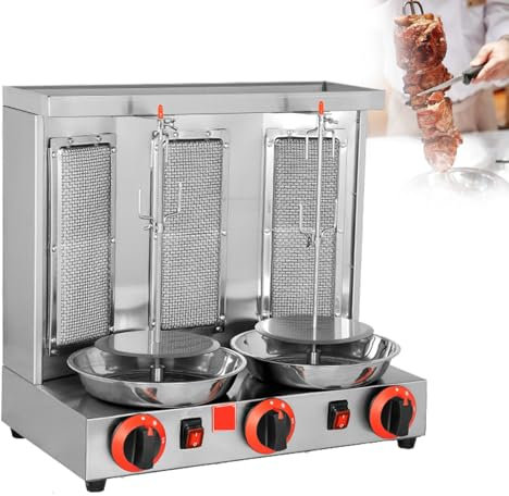 Barbecue Grill Verticale Commerciale,360° Rotazione Automatica Gas Girarrosto BBQ Spiedo,Acciaio Inox Forno per Kebab con Temperatura 50-350 ℃,per Ristorante Cucina Feste,TripleHead-Silver
