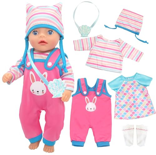 Kleidung Outfits für 12-14 Zoll Baby Puppen, 6 Bunny Baby Puppen Kleidung mit Hut Socken Kleid und Shell Tasche für 30-35 cm Puppe Kleidung, Neu Baby Puppe Kleidung Mädchen Geburtstag Geschenk