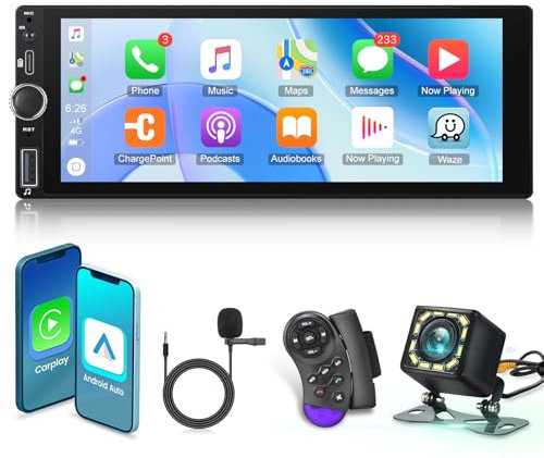 Autoradio 1 Din con Senza Fili Carplay e Android Auto Autoradio, 6,86 Pollici Touchscreen Radio supporto EQ/Bluetooth/FM RDS Radio/Mirror Link/USB/SWC+Telecamera di Backup+Telecomando+Microfono