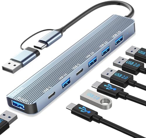 Adaptateur USB C, Adaptateur Multiport USB 3.0 7 en 1 avec US-B 3.0, U-SB 2.0, Répartiteur U-S-B, Hub U-SB de Type C Compatible ave MacBook Air/Pro, Galaxy, Pad, Dell, XPS, Windows