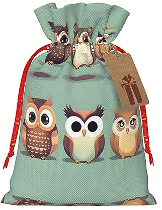 HJLUUFT Jutebeutel mit Cartoon-Eulen, niedlicher Druck, Weihnachtsgeschenktüte mit Kordelzug und Geschenkanhänger, für Hochzeit, Weihnachten, Party
