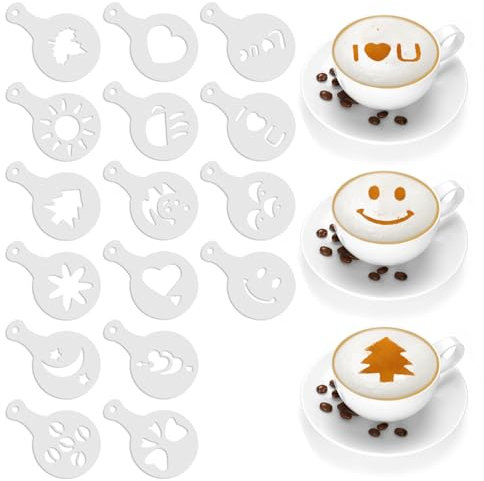 Minicoco 16 Pcs Cappuccino Stencil Coffee Stencils Cocoa Shaker for Cappuccino Hot Chocolate Bread Decoration DIY Stencil for Cake Decorating Coffee Shop Accessories