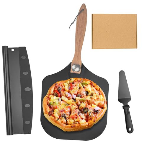Welhammsae 4 Teiliges Pizzaschaufel Set, Anti Haft & Hitzebeständig, Holzgriff mit Haken, Inkl. Aluschaufel, Pizzaschneider, Käseschaufel, Kraftpapierbox, Schwarz, Ideal für Pizza & Brot
