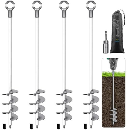 BeneLabel Tent Peg Heavy Duty, 61cm Ground Anchor Screw Trampoline Stake 4pcs Metal Earth Sand Spiral Wind Storm Spike for Swing/Camping/Shed/Dog/Carport/Canopy with Fixed Ring, Silver