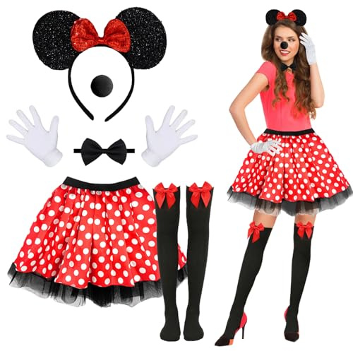 Xerteam 6 Pcs Mouse Costume for Girls Women, Cute MiniMouse Fancy Dress Up Costume for Adult, mouse Ears Headband+Red Tutu Skirt+Nose+Bow Tie+Gloves+Socks for Cosplay Halloween Dress up Party