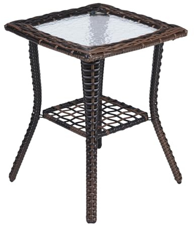 Bonnlo Mesa Auxiliar Exterior de ratán, Mesa balcón, Mesa Nevera jardín Exterior, con Tablero de Cristal, 46x46x57 cm (marrón)