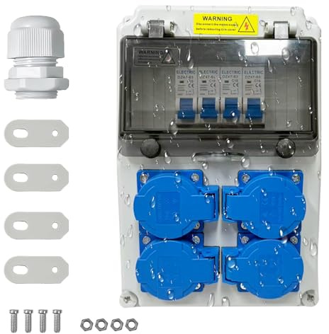 Coffret de distribution électrique 16 A,coffret de distribution électrique de chantier 230 V,coffret de distribution mural IP65 avec disjoncteur différentiel,prise en saillie (4 Schuko Prises)