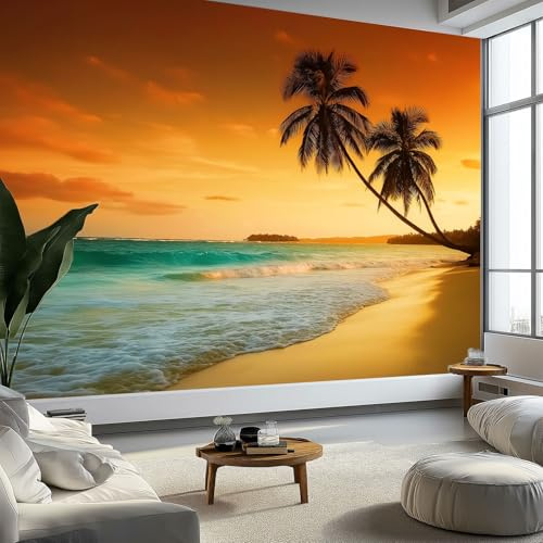 Fotomurales Playa Tropical Atardecer Palmeras 400 x 280 cm Papel Pintado Tejido No Tejido, Dorado Fotomural Papel Tapiz Decorativos para Dormitorio Salón TV Pared Murales Póster