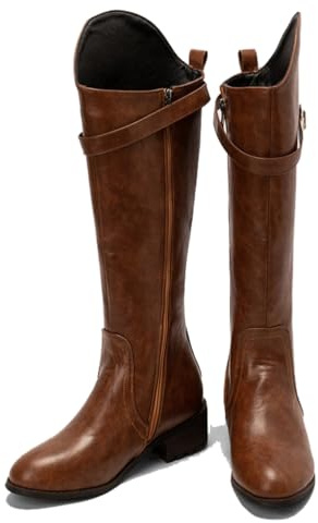 KUHAOFEU Botas Altas de la Rodilla de la Motocicleta de Planos de tacón bajo con Cremallera para Mujer,Marrón,41 EU