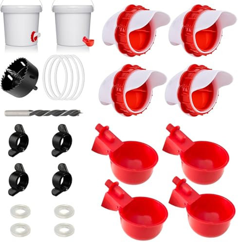 4 PCS Automatic Chicken Feeder, DIY Chicken Feeders and Drinkers Water Dispenser with Hole Saw No Waste Chick Poultry Feeders for Buckets Barrels Bins Troughs