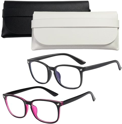 DtgEcd Blue Light Glasses Women, Screen Light Blocking Glasses, 4 Pcs Square Frame with White & Black Glasses Cases, Anti Glare Blue Light Blocking Glasses with Purple Lenses, 14.2x13.5cm