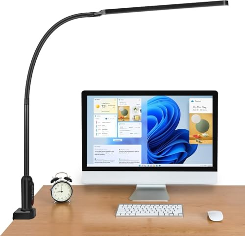 BIENSER Lámpara de escritorio LED, lámpara de mesa con abrazadera, cuello de cisne flexible, lámpara de oficina, lámpara de trabajo, 11 niveles de brillo x 5 colores, regulable, protección ocular