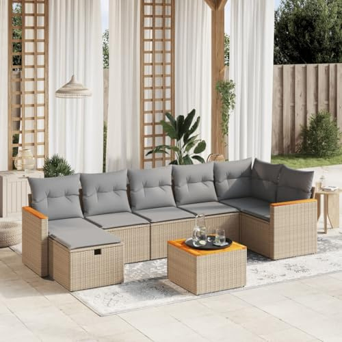 JHQHSM Ensemble de canapé de jardin 8 pièces avec coussins beige en polyrotin - Design modulaire pour terrasse et cour - Rotin synthétique durable avec cadre en acier stable - Groupe de sièges