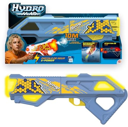 Bizak Hydro Mad Azul y Amarilla,Blaster de Agua eléctrica con Recarga automática, Alcance hasta 10 m, Efectos de luz y batería Recargable,Juguete acuático Potente,para niños Desde 8 años (62001150-1)