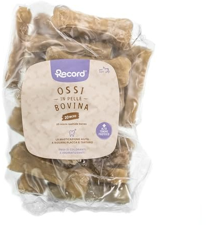 Record - Snack per Cani in Pelle Bovina, 20 Ossi Termoretratti da 8 cm. Masticativi Naturali prodotti con Essicazione Naturale di Lunga Durata