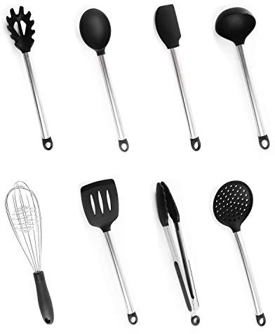 unifun Bi-Komfort Küchenhelfer, 8-teiliges Set, Silikon und Edelstahl, BPA-frei, Antihaft- und Kratzfeste, für Kochen, Backen, Mischen, Umdrehen, Heben, Servieren, Schwarz, Spülmaschinenfest