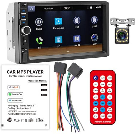 VIGORFLYRUN 2 DIN Radio de Coche 12V Auto Audio, 7 Pantalla Táctil 1080P MP5 Reproductor Estéreo Mirror Link/SD/TF/USB/FM/Bluetooth/MP3/AUX in con Cámara de visión Trasera 7018B