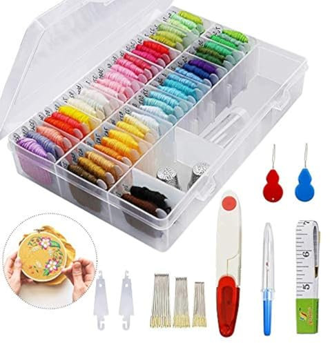 iPobie 50 Farben Stickgarn mit Organizer Aufbewahrungsbox, Stickerei Starter Kit Kreuzstich Werkzeugsatz - 138 Stück