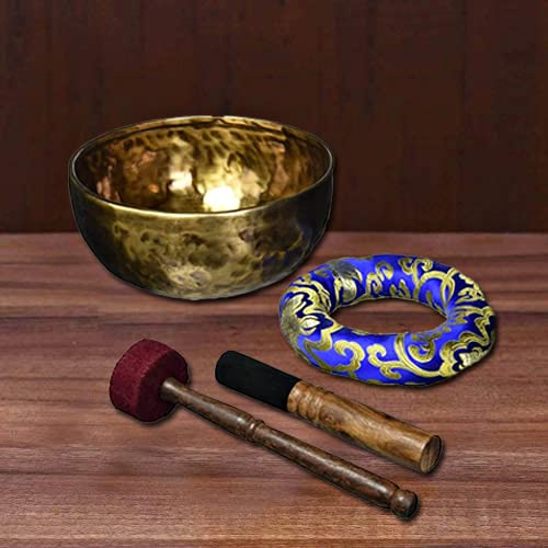 Artvarko Cuenco tibetano tradicional tibetano de latón con sonido profundo martillado hecho a mano con cojín y mazo para relajación del estrés, meditación, curación, 9.5 pulgadas