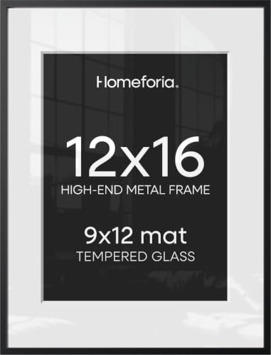 Homeforia 12x16 Picture Frame Black, High End Metal 12x16 Poster Frames with Mat 9x12 for Photo, 12 x 16 Black Frame Matted to 9 by 12 inch Print, 16x12 Thin Frames, Tempered Glass, Wall Kit, Set of 1
