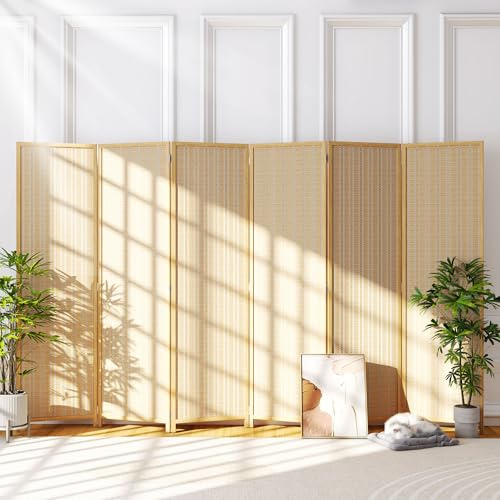 JOSTYLE Room Divider Folding Privacy Screen, 6 Panel Room Divider Screen - 6 ft. Tall Bamboo Divider Panel for Room Separation Freestanding Partition Wall, Beige, 70.9 H x 119 W