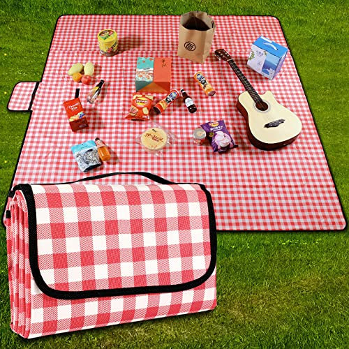 GUSUWU Picknickdecke 200 cm x 200 cm, wasserdicht, Stranddecke, Picknick-Matte, waschbar, leicht, mit Griff, rot kariert, für Wandern, Reisen, Outdoor, Camping, Parks