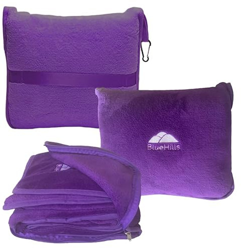 BlueHills Travel Blanket Pillow Premium Soft Plush for Airplane Travel Size Blanket Throw Long Flight Essentials in Compact Bag Plane Portable Lightweight Purple T021