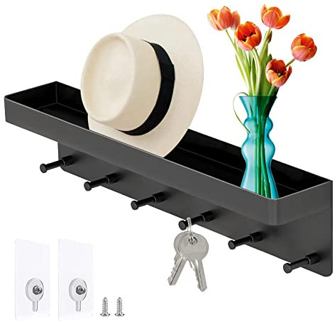 ICOUVA Schlüsselbrett mit Ablage,6 Haken Selbstklebend Wand Schlüsselhalter,Kleines Schlüsselhaken für Flur,Eingangsbereich,Küche,Badezimmer(Schwarz)