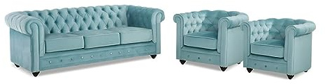 Vente-unique - Divano 3 posti+ 2 Poltrone Chesterfield - velluto - azzurro cielo