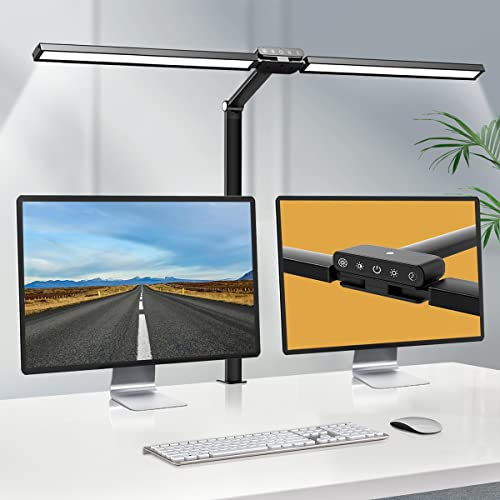 Hapfish Schreibtischlampe LED mit Klemmbar, 24W Super Lange Dimmbar Schreibtischleuchte mit Doppelter Lichtquelle, mit Lichtsensor, 5 Farbtemperatur, Tischlampe für Büro, Monitor, Studio