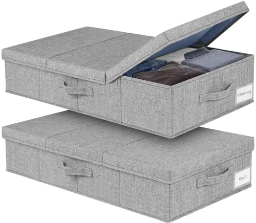 JUPELI 15 cm Tall Under Bed Storage Box with Lid – Foldable Sturdy Fabric Storage Solution with Reinforced Sidewalls & Bottom, Storage Box for Under Bed, Sofa & Top of Wardrobe Organisation,（2 Pack）