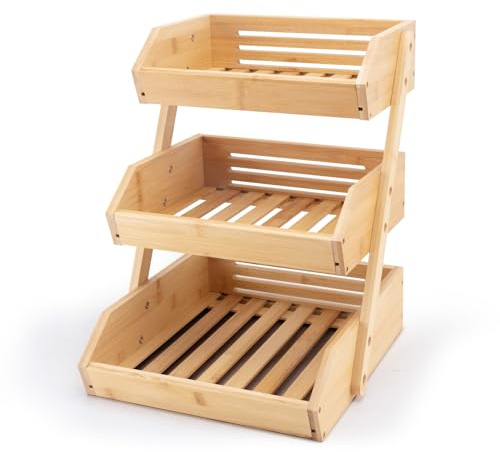 LEIMO KPARTS 3 Tier Bamboo Fruit Basket Stand For Kitchen Counter,Fruit Bowl Holder For Kitchen Countertop,Fruit Vegetable Storage Basket