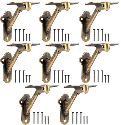 RealPlus Handrail Bracket, 3 Staircase Hand Rail Brackets for Stair Railing with Screws, Antique Brass (Pack of 8)