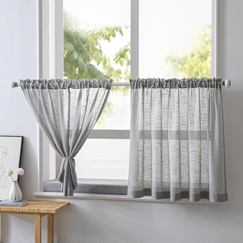 NSXIN Leinen Scheibengardinen Halbtransparent Bistrogardine Gardinen Weiß Fenstervorhang Küche Vorhänge Fensterschal für Kleine Fenster Küche Wohnzimmer Landhaus (Beige, B 60 x H 45 cm)