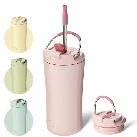 BOTTLE BOTTLE Insulated Travel Mug with Straw and Dual-use Lid Thermal Metal Coffee Cup 350ML(12oz) Stainless Steel Coffee Flask Tumbler with Handle Kids Water Bottles(Pink)
