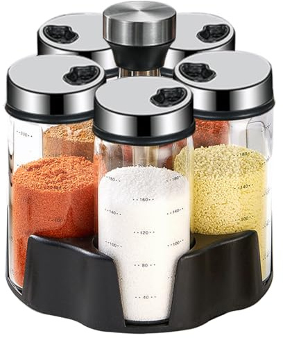 TINMIX Revolving Spice Rack Organizer, Rotating Seasoning Holder Shelf with 5 Large 200ml Glass Jars for Kitchen Countertop Cabinet