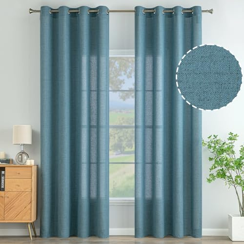 MIULEE Vorhänge Gardinen Ösenvorhang Leinenoptik 2er Set Blau 140x160cm | Wohnzimmer Leinen Vorhang Boho Gardine mit Ösen Semi-transparent Leinenvorhang Curtains