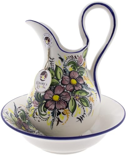 CERÁMICA ESPAÑA | Lavabo | Jarra y Palangana | Palancana | Jarra | Palangana antigua | Juego lavabo - Modelo D02 | Decoración 100% hecho a mano | 29x29x34 cm