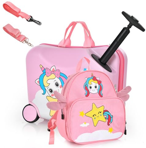 SOARS Kinderkoffer & Rucksack 18”+12”, Reisekoffer mit Rollen & Teleskopgriff, Trolley Kinder, Kindergepäck, Hartschalenkoffer, Kindertrolley für Jungen und Mädchen (Einhorn A)